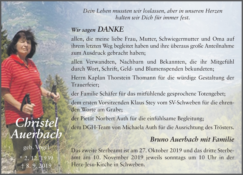  Traueranzeige für Christel Auerbach vom 25.10.2019 aus FZ