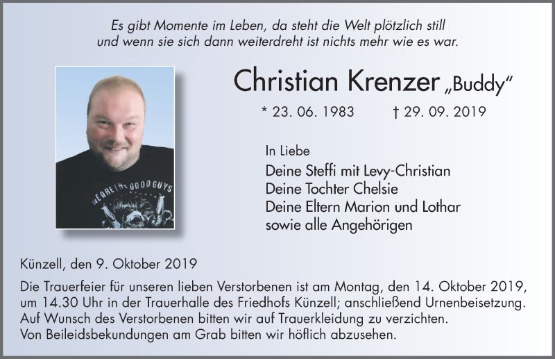 Traueranzeige für Christian Krenzer vom 09.10.2019 aus FZ