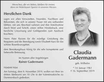 Traueranzeige von Claudia Gadermann von FZ