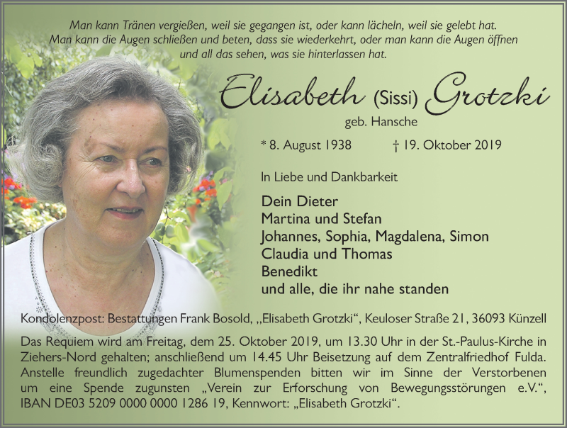  Traueranzeige für Elisabeth Grotzki vom 23.10.2019 aus FZ