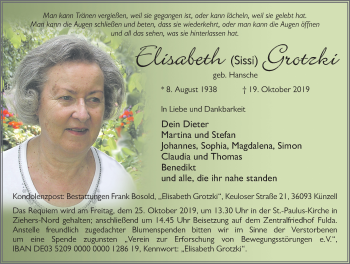 Traueranzeige von Elisabeth Grotzki von FZ