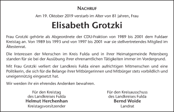 Traueranzeige von Elisabeth Grotzki von FZ