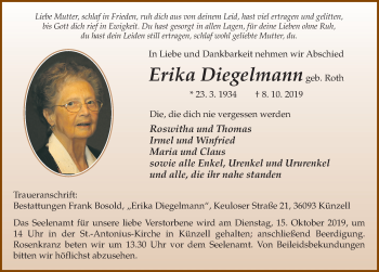 Traueranzeige von Erika Diegelmann von FZ
