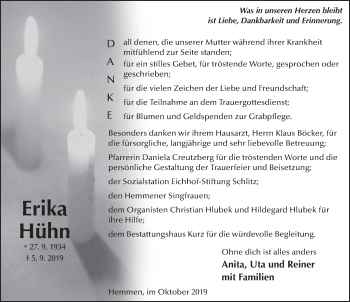 Traueranzeige von Erika Hühn von FZ
