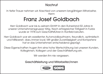 Traueranzeige von Franz Josef Goldbach von FZ