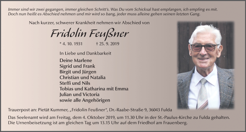 Traueranzeige für Fridolin Feußner vom 01.10.2019 aus FZ