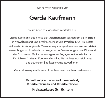 Traueranzeige von Gerda Kaufmann von FZ