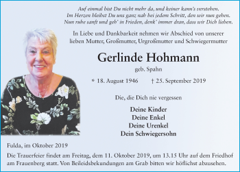Traueranzeige von Gerlinde Hohmann von FZ