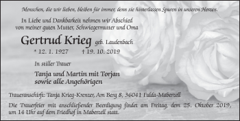 Traueranzeige von Gertrud Krieg von FZ