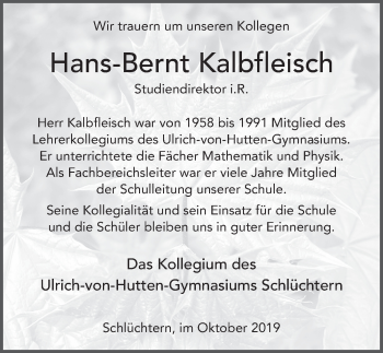 Traueranzeige von Hans-Bernt Kalbfleisch von FZ
