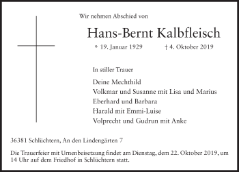 Traueranzeige von Hans-Bernt Kalbfleisch von FZ