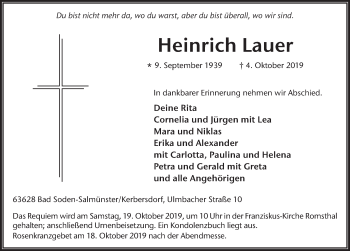 Traueranzeige von Heinrich Lauer von FZ