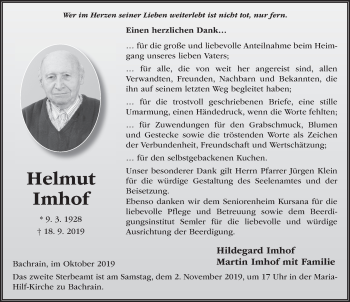 Traueranzeige von Helmut Imhof von FZ