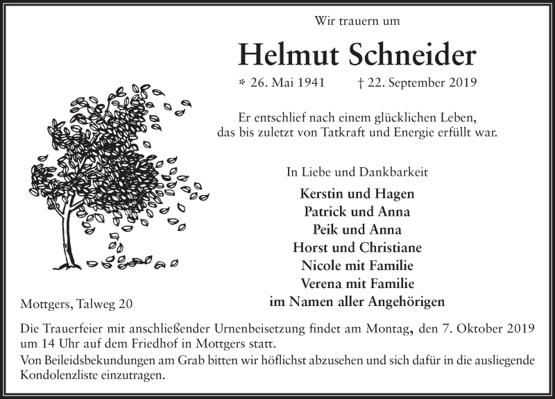  Traueranzeige für Helmut Schneider vom 04.10.2019 aus FZ