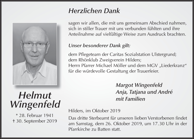  Traueranzeige für Helmut Wingenfeld vom 24.10.2019 aus FZ