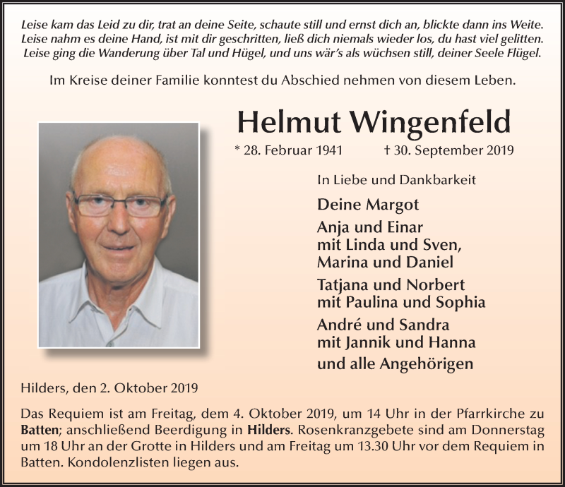  Traueranzeige für Helmut Wingenfeld vom 02.10.2019 aus FZ