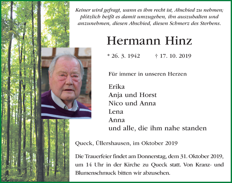  Traueranzeige für Hermann Hinz vom 29.10.2019 aus FZ