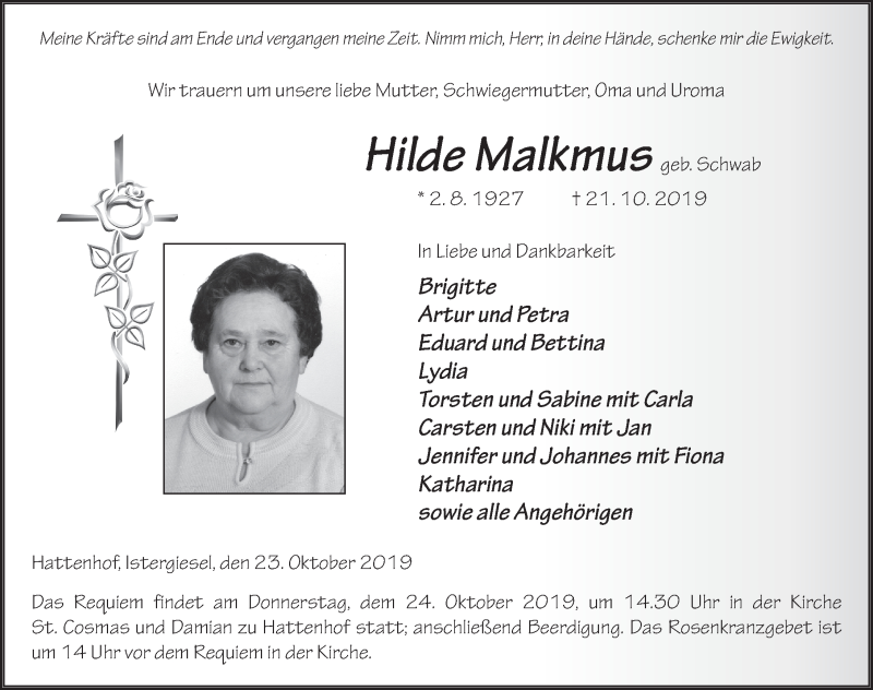  Traueranzeige für Hilde Malkmus vom 23.10.2019 aus FZ