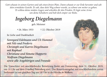 Traueranzeige von Ingeborg Diegelmann von FZ
