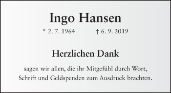 Traueranzeige von Ingo Hansen von FZ