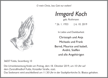 Traueranzeige von Irmgard Koch von FZ