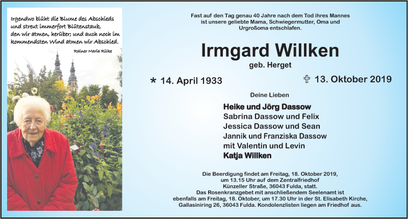  Traueranzeige für Irmgard Willken vom 17.10.2019 aus FZ