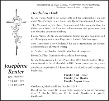 Traueranzeige von Josephine Reuter von FZ