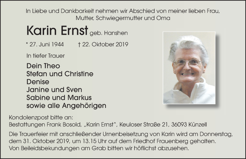  Traueranzeige für Karin Ernst vom 28.10.2019 aus FZ