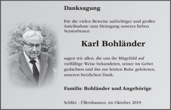Traueranzeige von Karl Bohländer von FZ