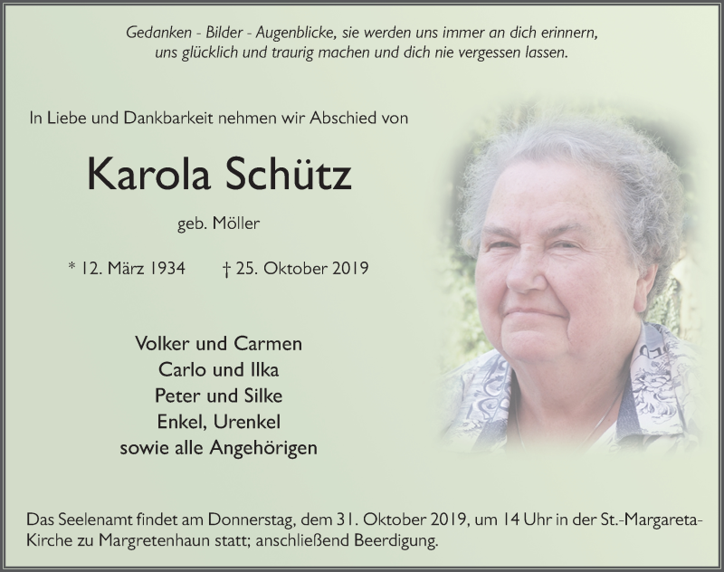  Traueranzeige für Karola Schütz vom 29.10.2019 aus FZ