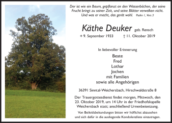 Traueranzeige von Käthe Deuker von FZ
