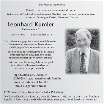 Traueranzeige von Leonhard Kumler von FZ