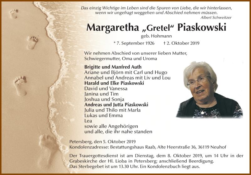  Traueranzeige für Margaretha Piaskowski vom 05.10.2019 aus FZ
