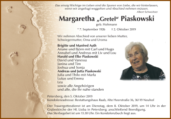Traueranzeige von Margaretha Piaskowski von FZ