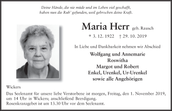 Traueranzeige von Maria Herr von FZ