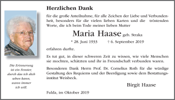 Traueranzeige von Maria Haase von FZ