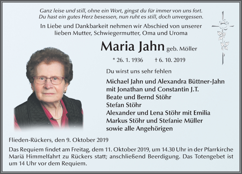  Traueranzeige für Maria Jahn vom 09.10.2019 aus FZ