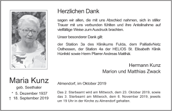Traueranzeige von Maria Kunz von FZ