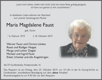Traueranzeige von Maria Magdalene Faust von FZ