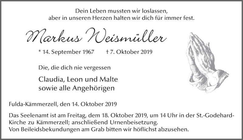 Traueranzeige für Markus Weismüller vom 14.10.2019 aus FZ