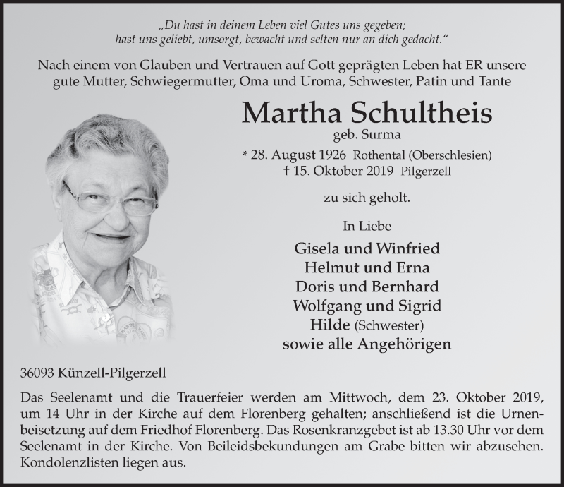  Traueranzeige für Martha Schultheis vom 19.10.2019 aus FZ