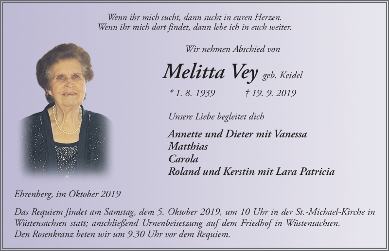  Traueranzeige für Melitta Vey vom 02.10.2019 aus FZ
