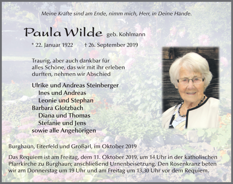  Traueranzeige für Paula Wilde vom 07.10.2019 aus FZ