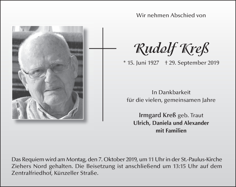  Traueranzeige für Rudolf Kreß vom 04.10.2019 aus FZ