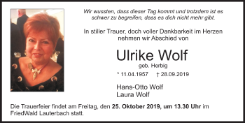 Traueranzeige von Ulrike Wolf von FZ