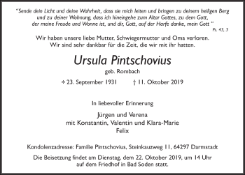 Traueranzeige von Ursula Pintschovius von FZ