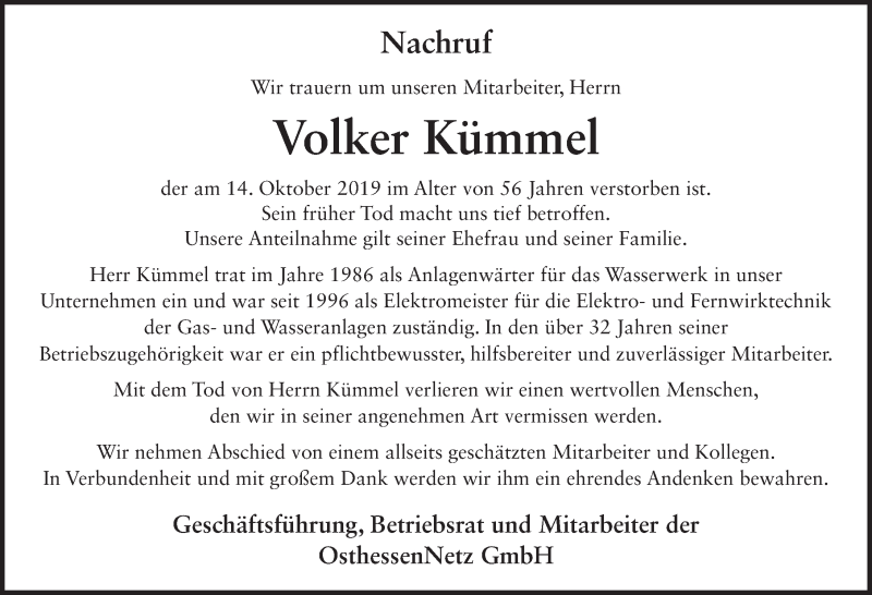  Traueranzeige für Volker Kümmel vom 21.10.2019 aus FZ