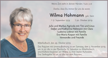 Traueranzeige von Wilma Hohmann von FZ