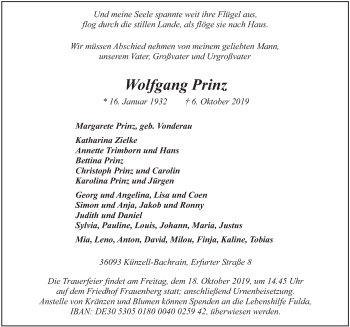 Traueranzeige von Wolfgang Prinz von FZ