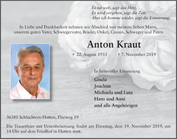 Traueranzeige von Anton Kraut von FZ